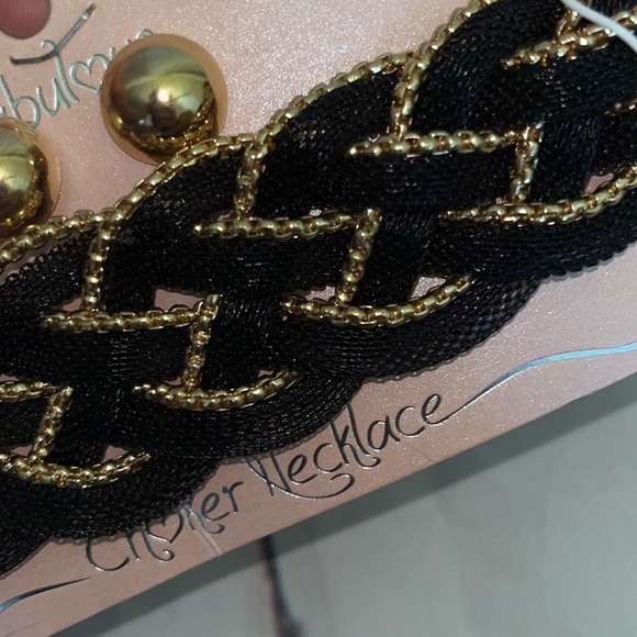 Mika Heavy Braided Metal Mesh Choker Necklace Set Black Gold - Picture 2 of 6